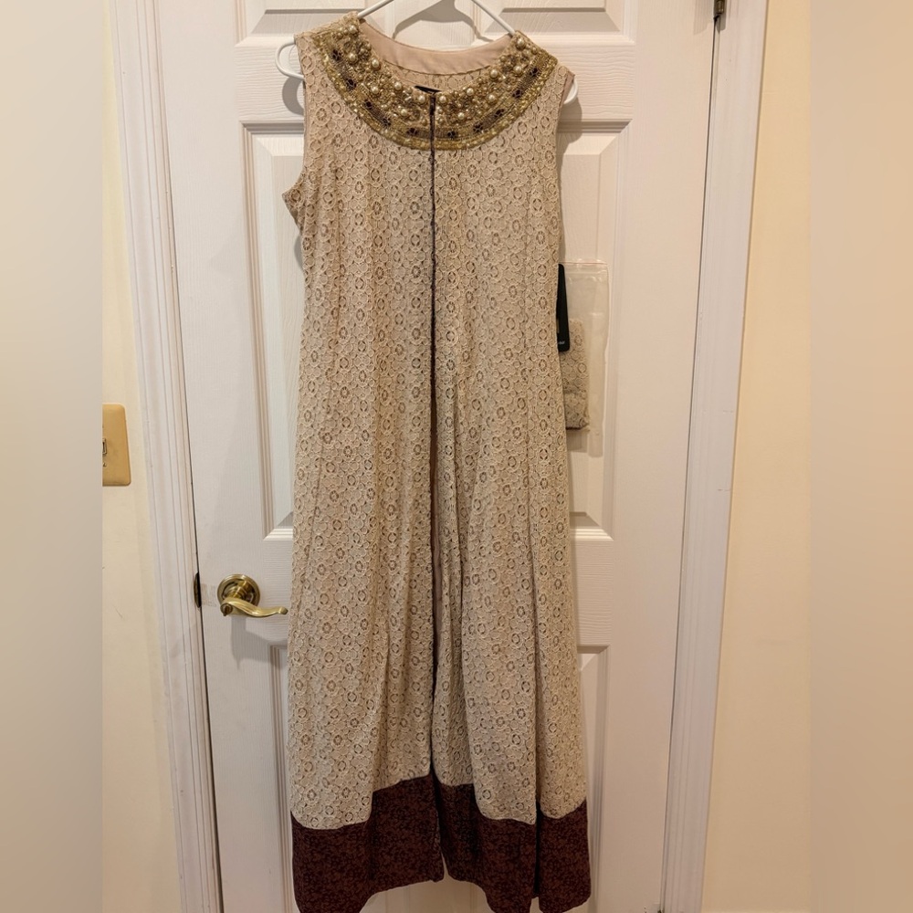Elegant Cream Lace Dress with Gold Embellishments
